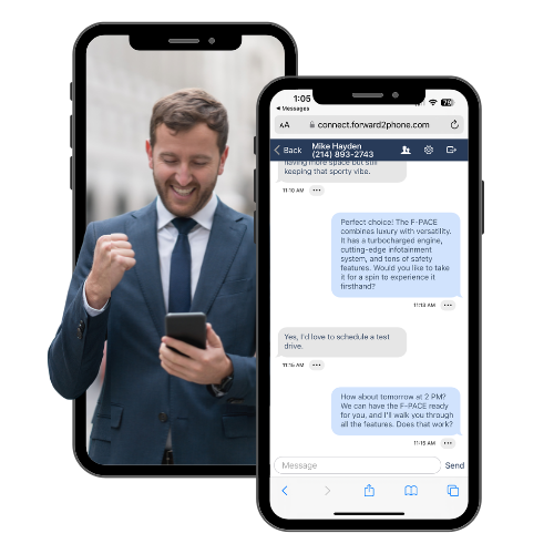 Salesperson messaging a buyer to set up a test drive using Forward2Phone for seamless communication.